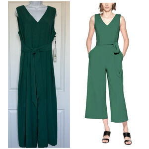 NWT Calvin Klein Green Crinkle‎ Wide Leg Crop Jumpsuit Sz 14 Sleeveless Belted